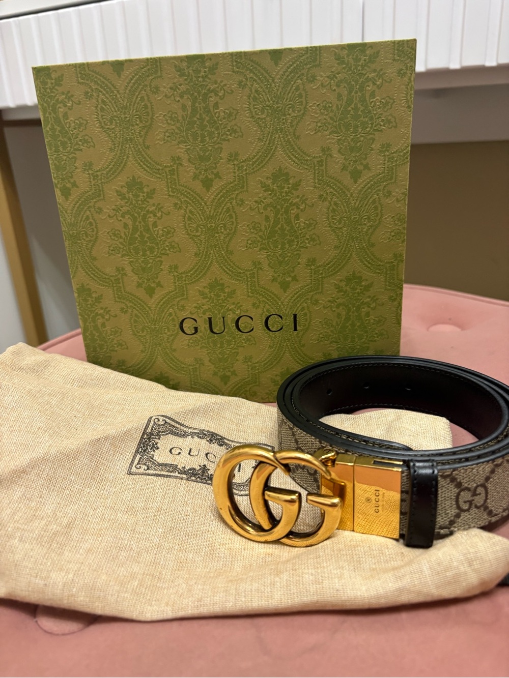 AUTHENTIC Gucci Brown GG Canvas Unisex Belt with Gold Double G Buckle
